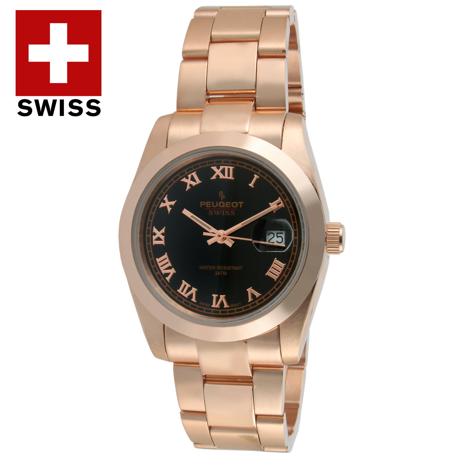 Swiss 14K Rose Gold Plated Stainless Steel Black Roman Numeral Dress  Bracelet PS4911RG