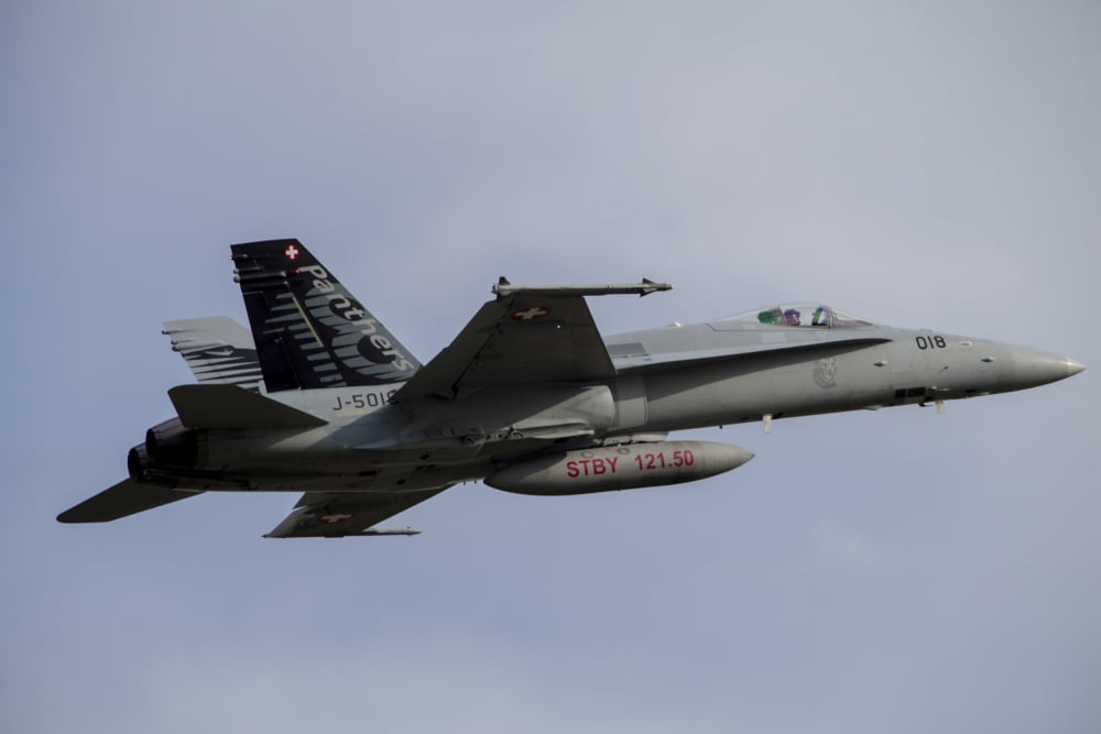 Swiss Air Force F-18C Hornet used for Air Policing Canvas Art - Timm ZiegenthalerStocktrek Images (18 x 12)