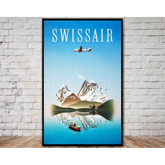 Swiss Air Vintage Travel Poster, Retro Airplane ArtDownload, Poster Only