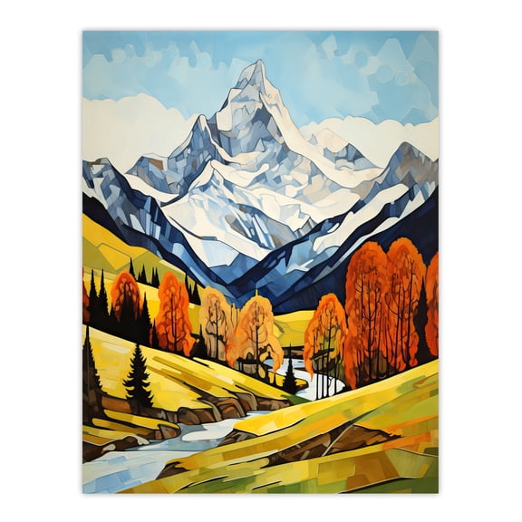 Swiss Alps In Autumn Oil Painting Switzerland Snow Capped Peaks Over Idyllic Alpine Meadow Large Wall Art Poster Print Thick Paper 18X24 Inch