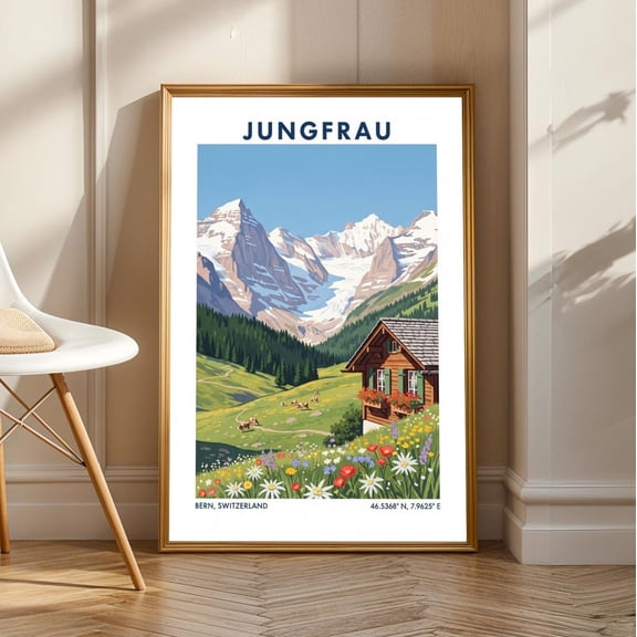 Swiss Alps Jungfrau Vintage Travel Poster: Gouache Art Print, Stretched Canvas Size 16x24