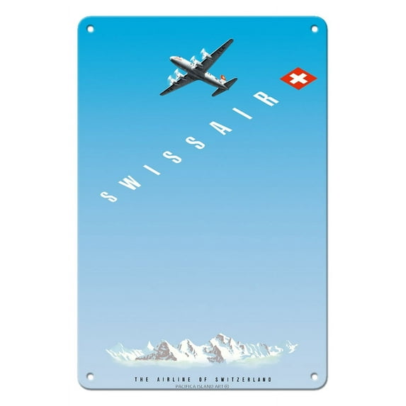 Swiss Alps - Swissair DC-4 - The Airline of Switzerland - Vintage Airline Travel Poster by Hermann Eidenbenz c.1948 - 8 x 12 inch Vintage Metal Tin Sign