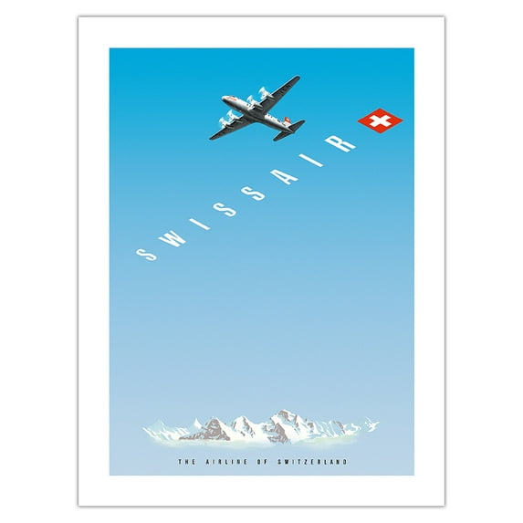 Swiss Alps - Swissair DC-4 - The Airline of Switzerland - Vintage Airline Travel Poster by Hermann Eidenbenz c.1948 - Bamboo Fine Art 290gsm Paper (Unframed) 12x16in
