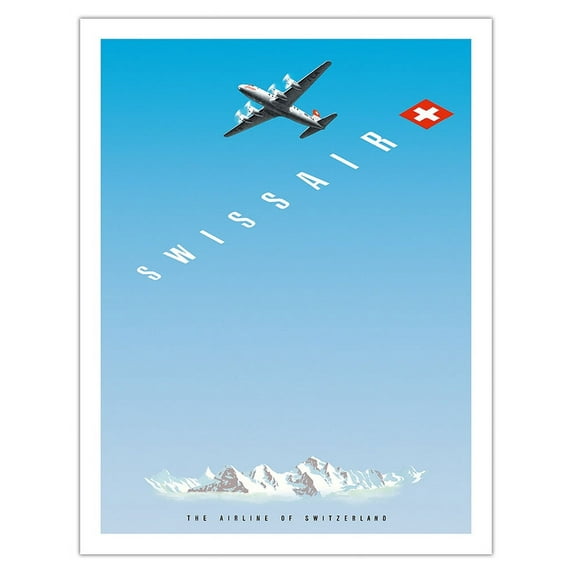 Swiss Alps - Swissair DC-4 - The Airline of Switzerland - Vintage Airline Travel Poster by Hermann Eidenbenz c.1948 - Fine Art Matte Paper Print (Unframed) 20x26in
