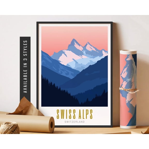 Swiss Alps Travel Poster Switzerland Alps Poster Modern City Art Boho Mountain Wall Art Poster City Travel Art Wall Decor Home Decor, 24x36 UNFRAMED