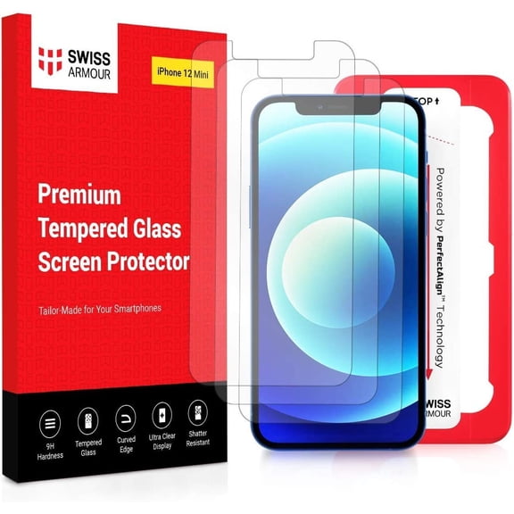 Swiss Armour iPhone 12 Mini 5.4" Screen Protector [3 Pack] 9H Japanese Tempered Glass, 2.5D with PerfectAlign Applicator Tray for Easy installation- Bubble free-Anti Fingerprint [Case friendly &...