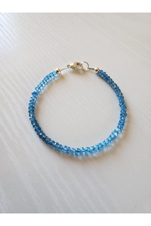 Swiss Blue Topaz 3.5mm Rondelle Shape Faceted Cut Beads 7 inch Silver Plated Clasp Bracelet for men, women, unisex. Link Chain Stacking Bracelet.|LINK_06311