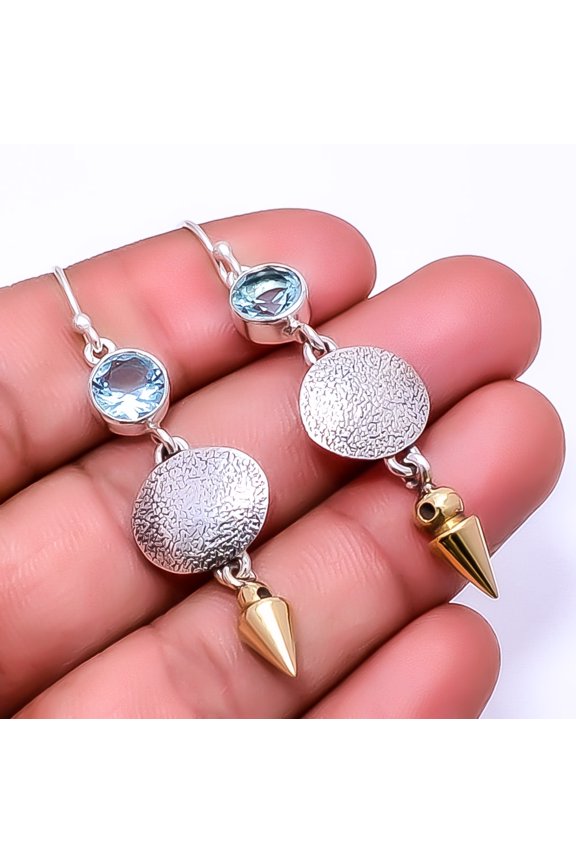 Swiss Blue Topaz 925 Sterling Silver Two Tone Arrow Head Earring 2.34" E18, Handmade Jewelry, Dangle Earring