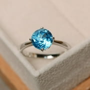 DIVYJEWELS Swiss Blue Topaz Ring, Solitaire Ring, Sterling Silver, Round Statement Ring, Promise Ring for Her