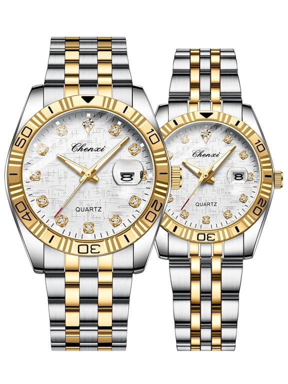 Swiss Brand Two Tone Watch Men Women Gold Silver Stainless Steel Waterproof Couple Watches