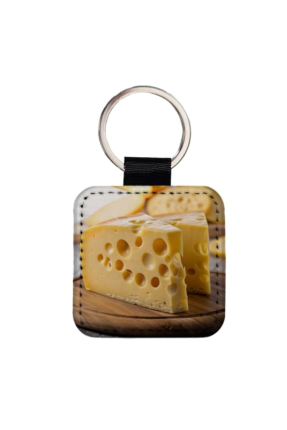Swiss Cheese on Cutting Board Faux Leather Square Keychain