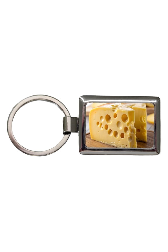 Swiss Cheese on Cutting Board Metal Rectangle Keychain