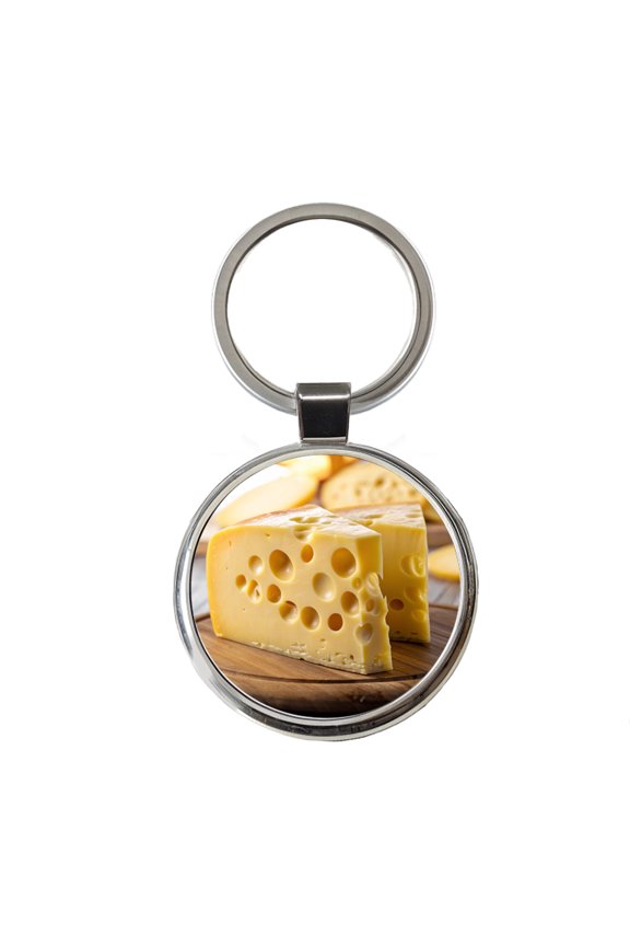 Swiss Cheese on Cutting Board Metal Round Keychain
