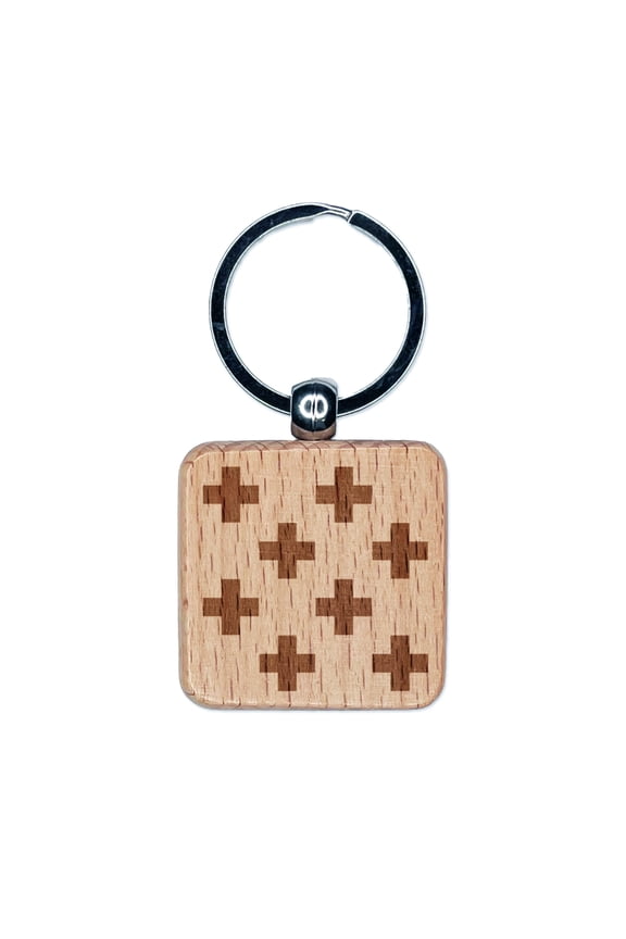 Swiss Cross Repeating Pattern Square Keychain Charm Tag - Engraved Wood