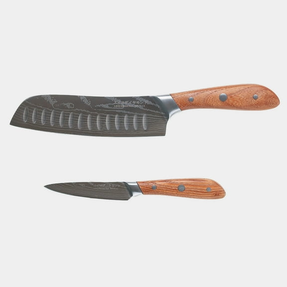 Swiss Diamond 2-Piece Brown Santoku and Paring Knife Set, Full Tang German Steel Blades