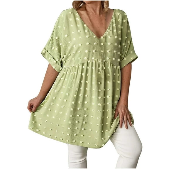 Swiss Dot Babydoll Tops Womens Loose Short Sleeve V Neck Flowy Blouse Solid Color Trendy Summer Vacation Outfits (4XL, Light Green)