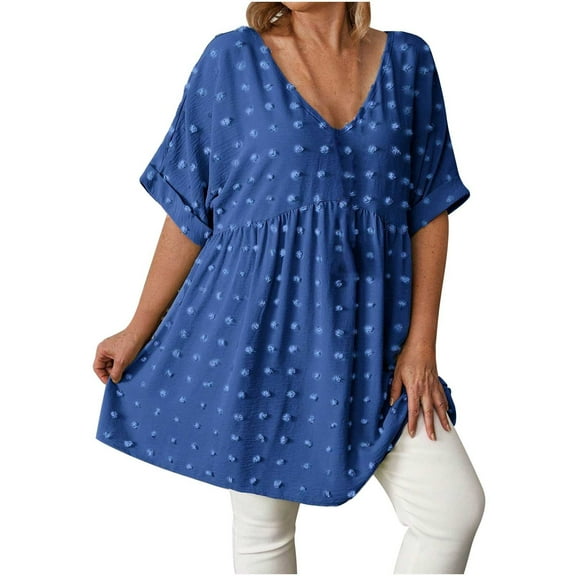 Swiss Dot Babydoll Tops Womens Loose Short Sleeve V Neck Flowy Blouse Solid Color Trendy Summer Vacation Outfits (5XL, Blue)