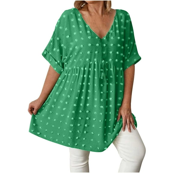 Swiss Dot Babydoll Tops Womens Loose Short Sleeve V Neck Flowy Blouse Solid Color Trendy Summer Vacation Outfits (XL, Green)