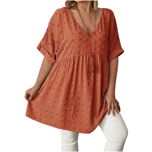 Swiss Dot Babydoll Tops Womens Loose Short Sleeve V Neck Flowy Blouse Solid Color Trendy Summer Vacation Outfits (XL, Orange)