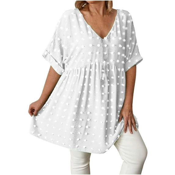Swiss Dot Babydoll Tops Womens Loose Short Sleeve V Neck Flowy Blouse Solid Color Trendy Summer Vacation Outfits (XL, White)