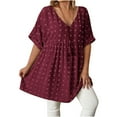 thumbnail image 1 of Swiss Dot Babydoll Tops Womens Loose Short Sleeve V Neck Flowy Blouse Solid Color Trendy Summer Vacation Outfits (XL, Wine), 1 of 6