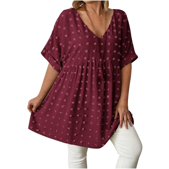 Swiss Dot Babydoll Tops Womens Loose Short Sleeve V Neck Flowy Blouse Solid Color Trendy Summer Vacation Outfits (XL, Wine)