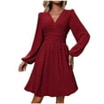 thumbnail image 1 of Swiss Dot Dress for Women 2025 Fall V Neck Long Sleeve Smocked Mini Dresses Boho Casual Fashion Wedding Guest Dress, 1 of 7