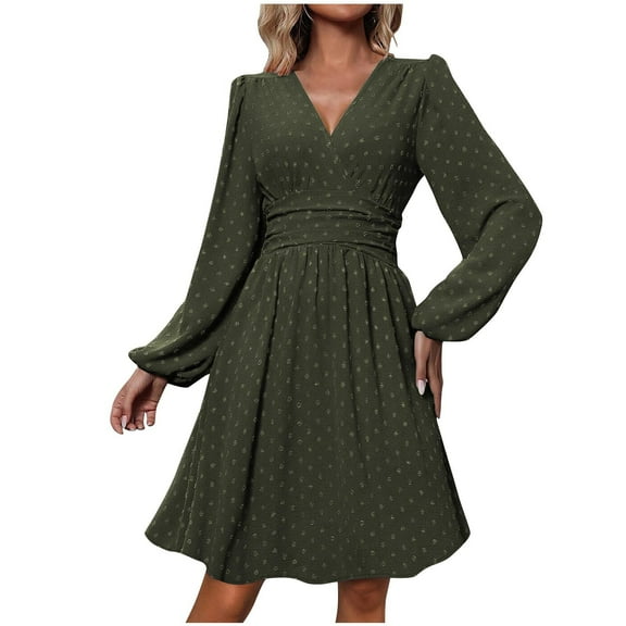 Swiss Dot Dress for Women 2025 Fall V Neck Long Sleeve Smocked Mini Dresses Boho Casual Fashion Wedding Guest Dress