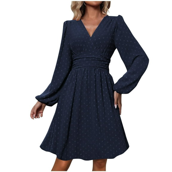 Swiss Dot Dress for Women 2025 Fall V Neck Long Sleeve Smocked Mini Dresses Boho Casual Fashion Wedding Guest Dress