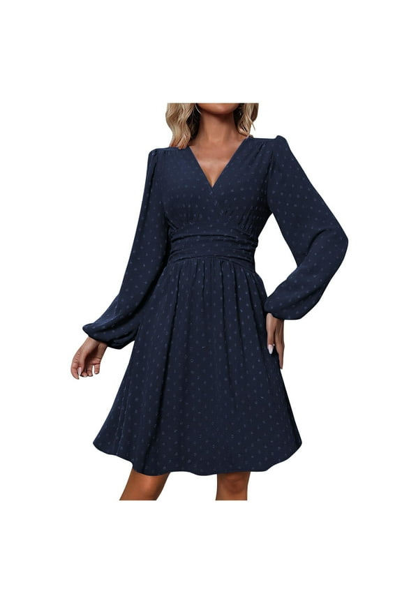 Swiss Dot Dress for Women 2025 Fall V Neck Long Sleeve Smocked Mini Dresses Boho Casual Fashion Wedding Guest Dress