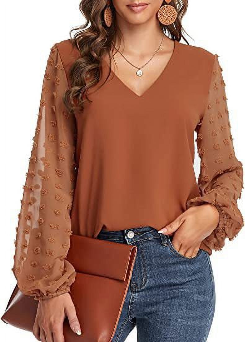 Odosalii Womens Tops Pleated Lantern Sleeve V-Neck Shirts Elegant Solid Color Loose Fit Casual Chiffon Blouse, A-apricot, S