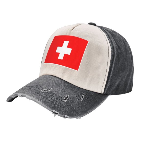 Swiss Flag Baseball Cap Distressed Adjustable Vintage Cotton Denim Hat for Women Men