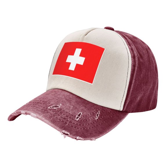 Swiss Flag Baseball Cap Distressed Adjustable Vintage Cotton Denim Hat for Women Men