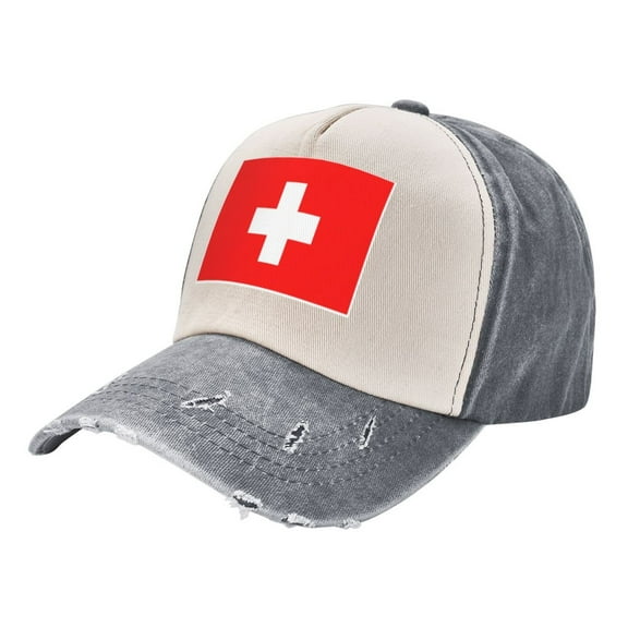 Swiss Flag Baseball Cap Distressed Adjustable Vintage Cotton Denim Hat for Women Men