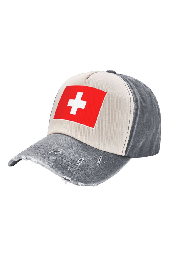 Swiss Flag Baseball Cap Distressed Adjustable Vintage Cotton Denim Hat for Women Men