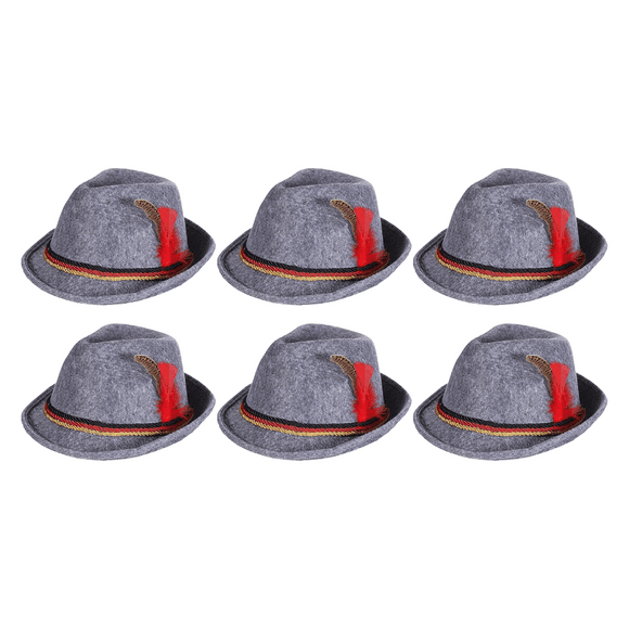 Swiss, German Alpine Bavarian Oktoberfest Felt Hat Cap w/Feathers, Adult, Unisex Gray (Halloween Accessory) - Set of 6