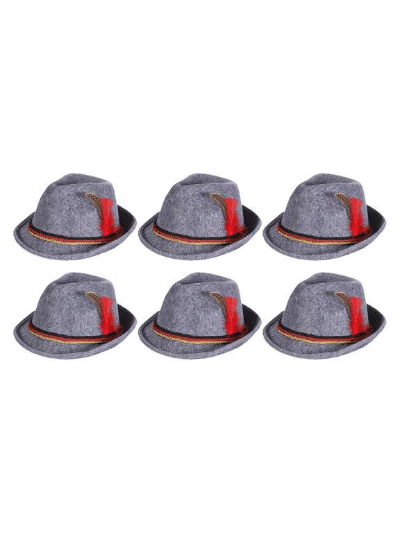Swiss, German Alpine Bavarian Oktoberfest Felt Hat Cap w/Feathers, Adult, Unisex Gray (Halloween Accessory) - Set of 6
