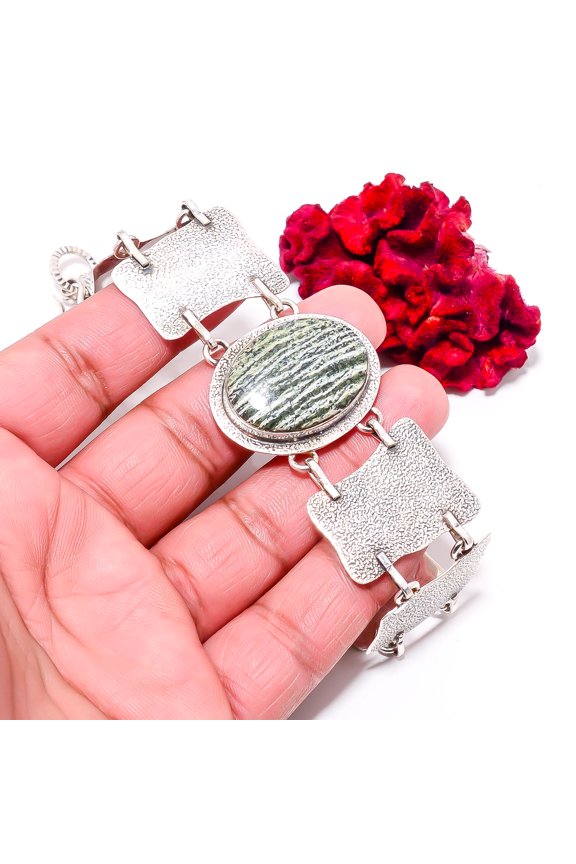 Swiss Green Opal - Virgin Islands 925 Sterling Textured Silver Bracelet 8.99" B84386, Christmas Gift