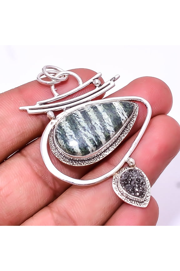 Swiss Green Opal -Virgin Islands & Black Titanium Agate Drusy Designer Handmade 925 Sterling Silver Pendant 2.34", Green Swiss Green Opal Pendant P_94