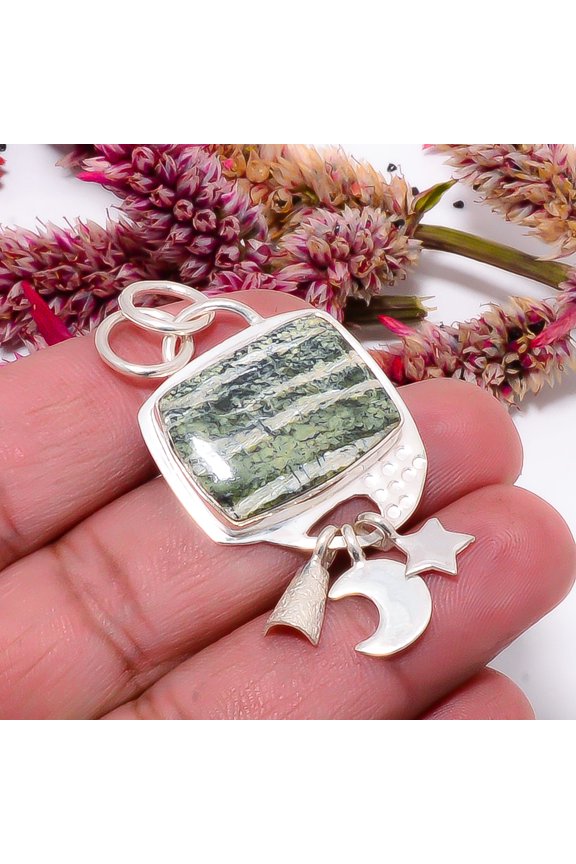 Swiss Green Opal - Virgin Islands Designer Handmade Pandent With Charm 925 Sterling Silver Pendant 1.95" Sku15, Green Pendant, Natural Gemstone Pendan