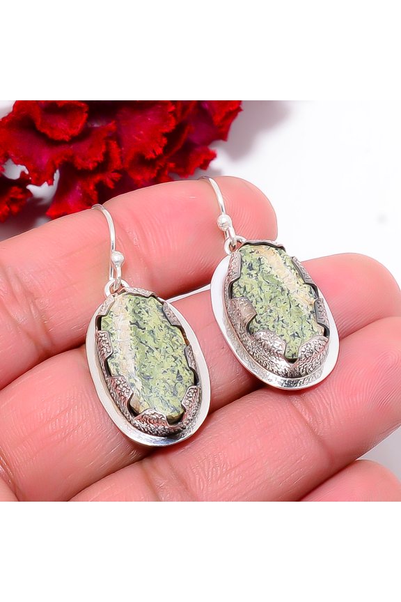 Swiss Green Opal - Virgin Islands Handmade 925 Sterling Silver Earring 1.64" E103816, Christmas Gift