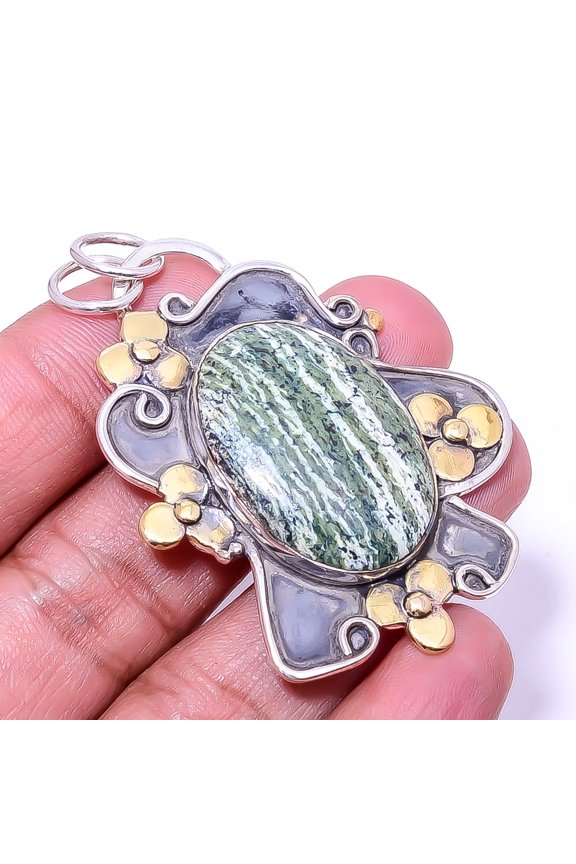 Swiss Green Opal - Virgin Islands Oxidised Two Tone 925 Silver Pendant 2.34" P11