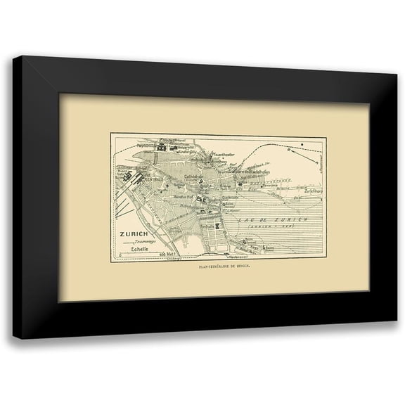 Swiss Guide 18x13 Black Modern Framed Museum Art Print Titled - Zurich Switzerland Route Plan - Swiss Guide 1917