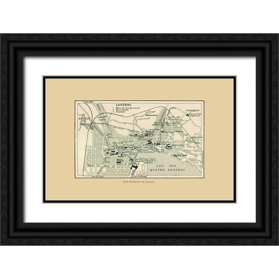 Swiss Guide 18x13 Black Ornate Wood Framed with Double Matting Museum Art Print Titled - Lucerne Switzerland Route Plan - Swiss Guide 1917