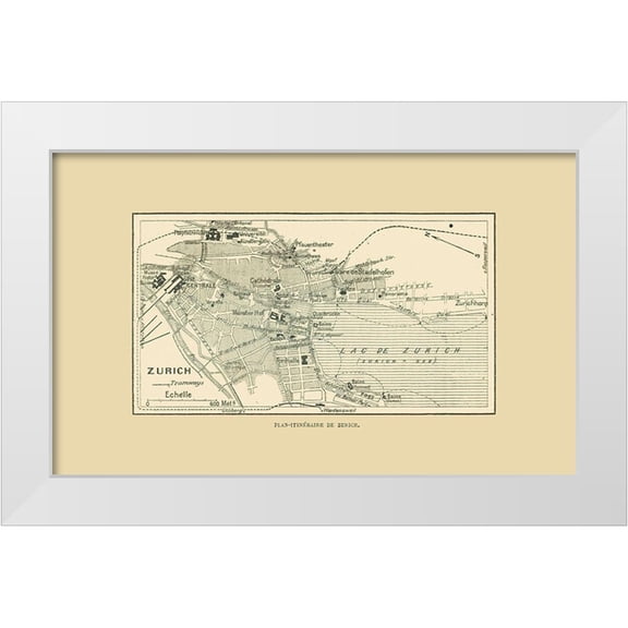 Swiss Guide 24x16 White Modern Wood Framed Museum Art Print Titled - Zurich Switzerland Route Plan - Swiss Guide 1917