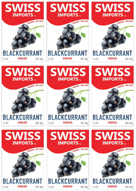 Swiss Imports Sugar Free Bonbons Hard Candy Drops, Blackcurrant, 1.4 oz/ 40g Box, 9 Pack