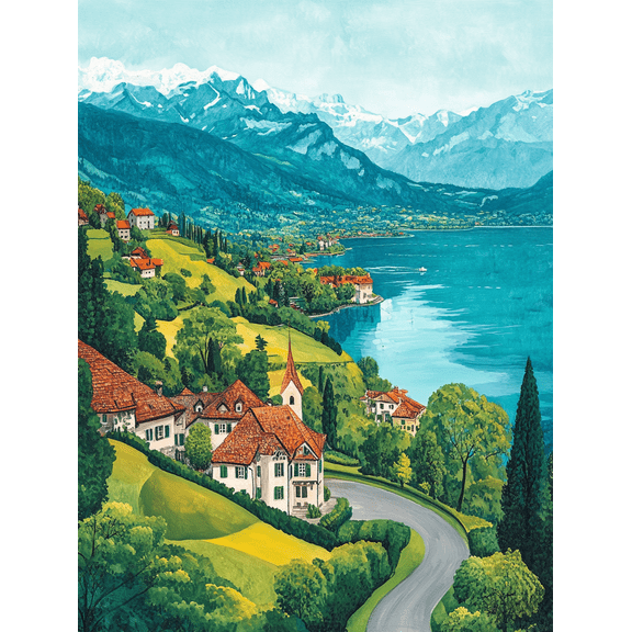 Swiss Lakeside Village Canvas Painting Wall Art Perfect for Living Room Bedroom Office Dining Room and Hotel Decoration