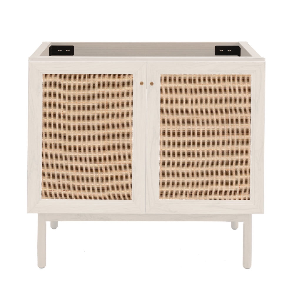 White Oak and Rattan Freestanding Bathroom Vanity Cabinet