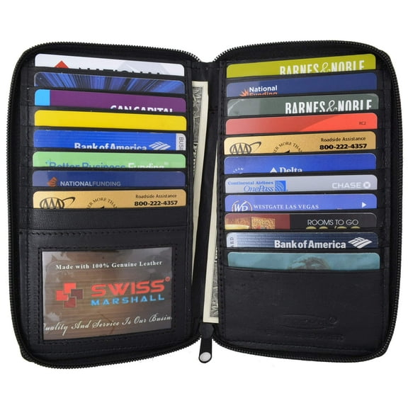 Swiss Marshal RFID Blocking Premium Genuine Leather Long Zip Around Business & Credit Card Case Holder Bifold Wallet SM-RFID-P729