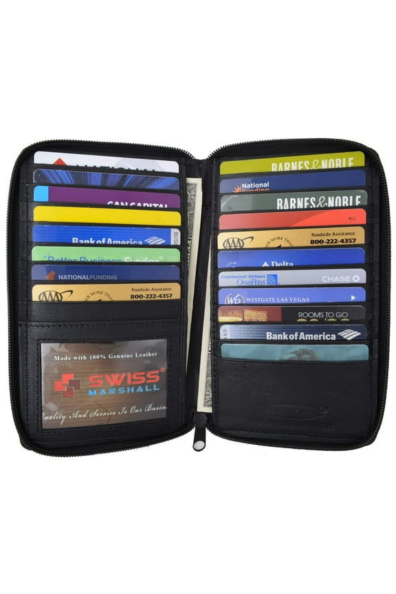 Swiss Marshal RFID Blocking Premium Genuine Leather Long Zip Around Business & Credit Card Case Holder Bifold Wallet SM-RFID-P729
